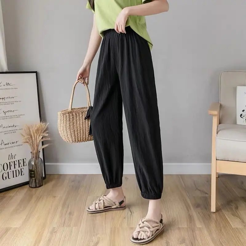 Women Cotton Linen Draping Pants Blue Ankle Length