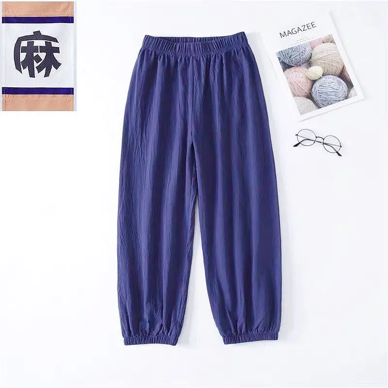Women Cotton Linen Draping Pants Blue Ankle Length