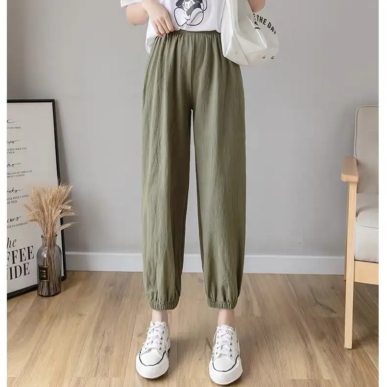 Women Cotton Linen Draping Pants Blue Ankle Length