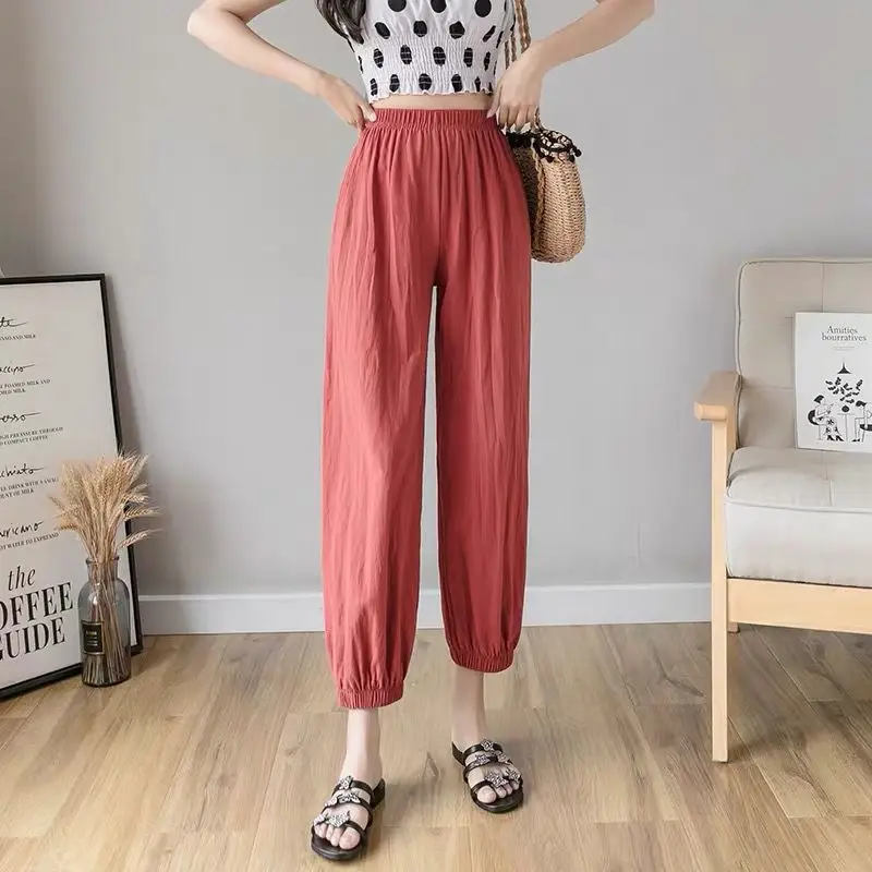 Women Cotton Linen Draping Pants Blue Ankle Length