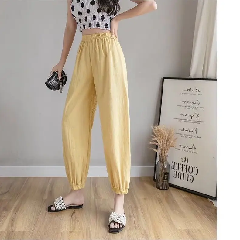 Women Cotton Linen Draping Pants Blue Ankle Length