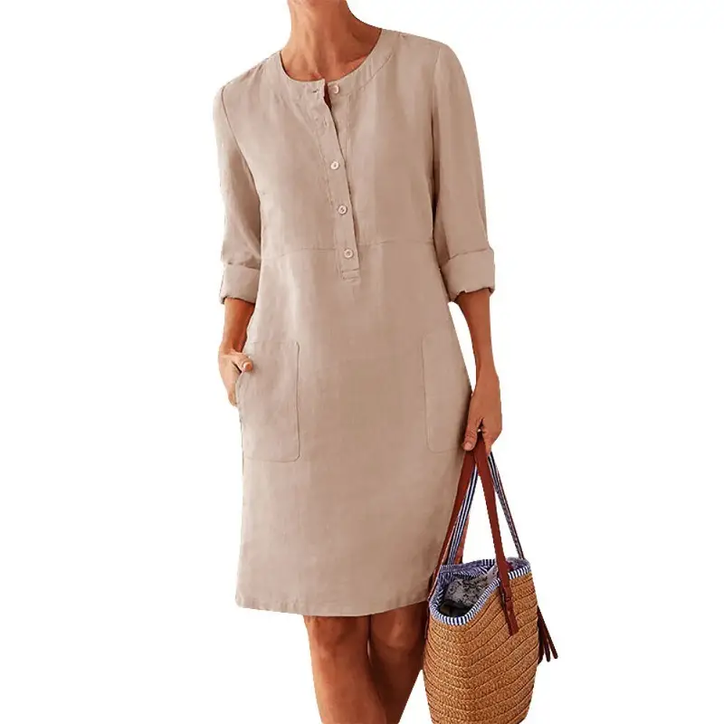 Women Cotton Linen Long Sleeve Kurta Orange Large