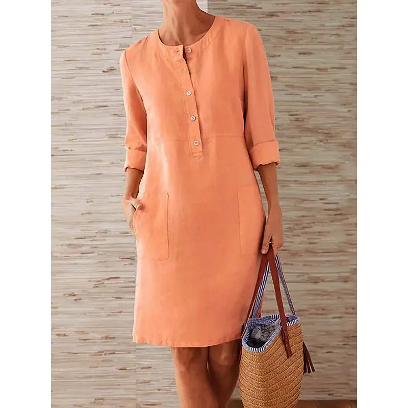 Women Cotton Linen Long Sleeve Kurta Orange Large