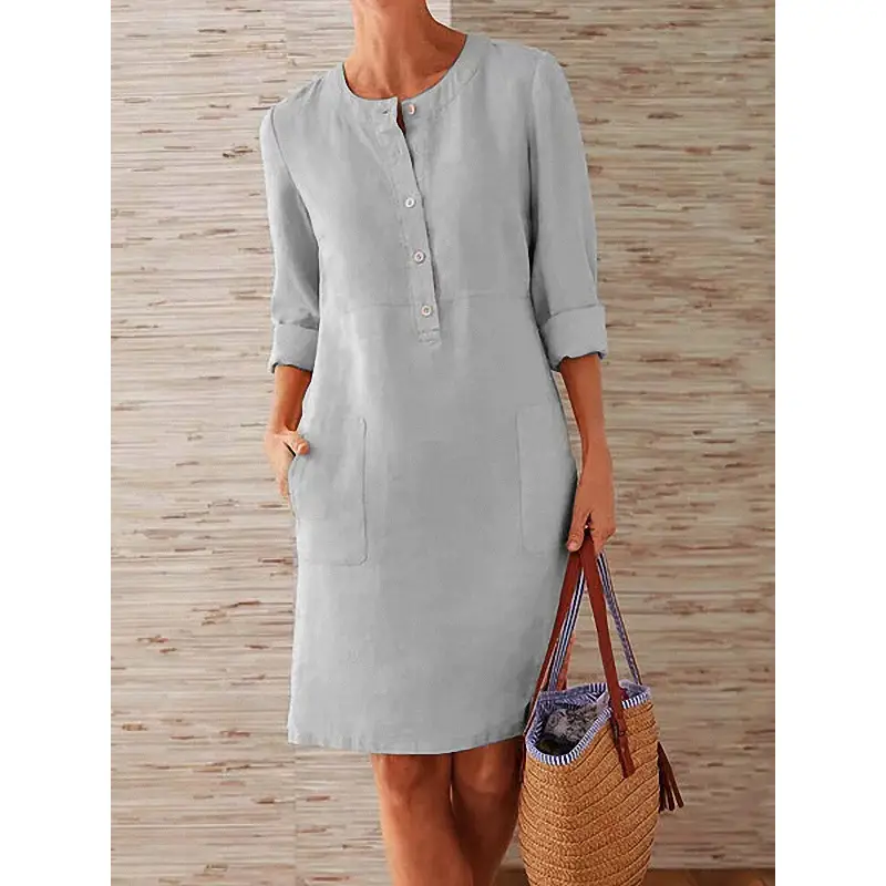 Women Cotton Linen Long Sleeve Kurta Orange Large