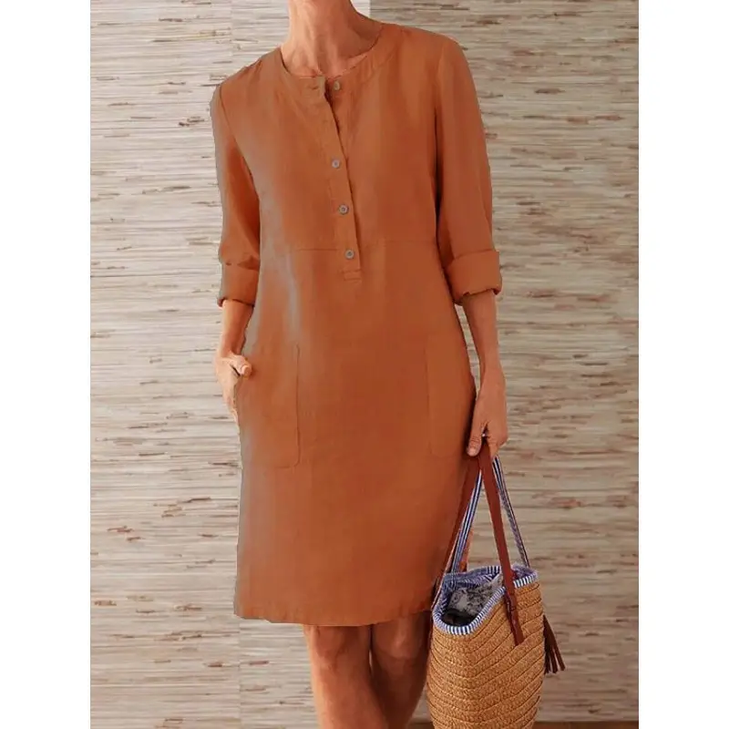 Women Cotton Linen Long Sleeve Kurta Orange Large