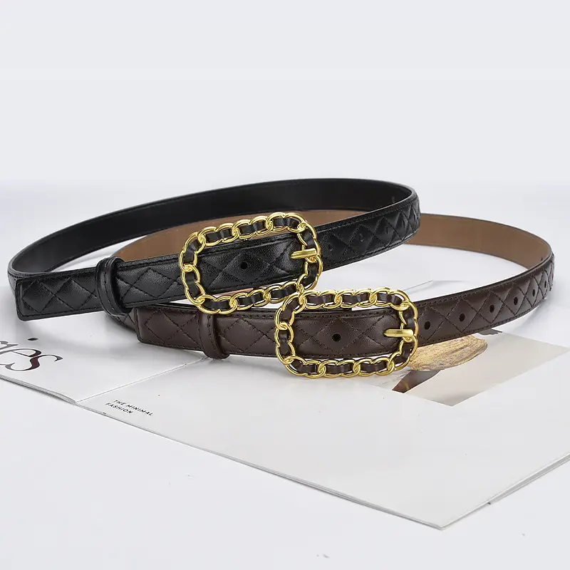 Women's Cross-Country Leather Belt with Gold Buckle