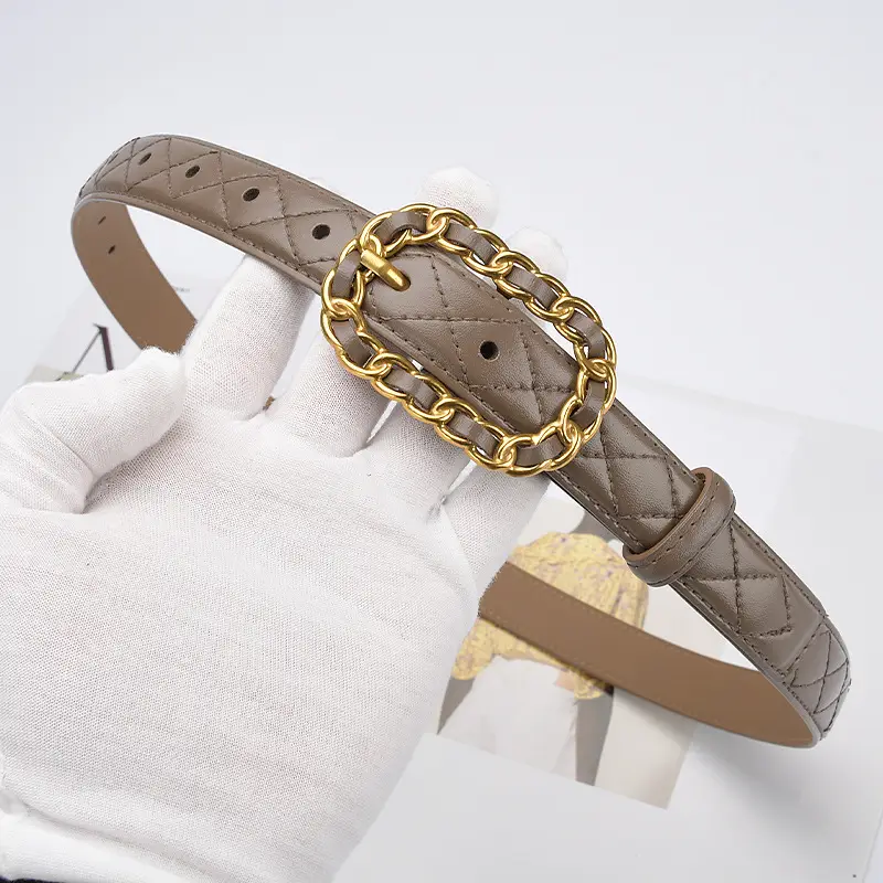 Women's Cross-Country Leather Belt with Gold Buckle