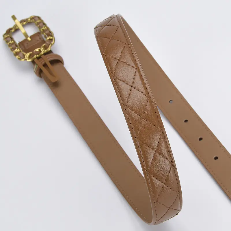 Women's Cross-Country Leather Belt with Gold Buckle