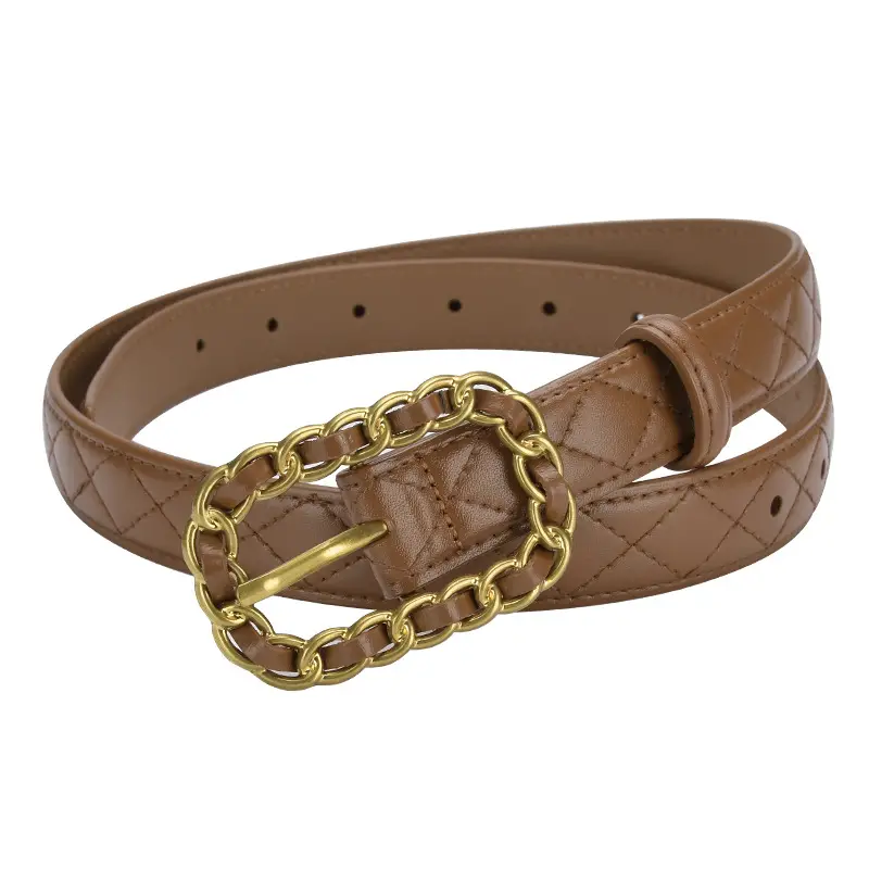 Women's Cross-Country Leather Belt with Gold Buckle