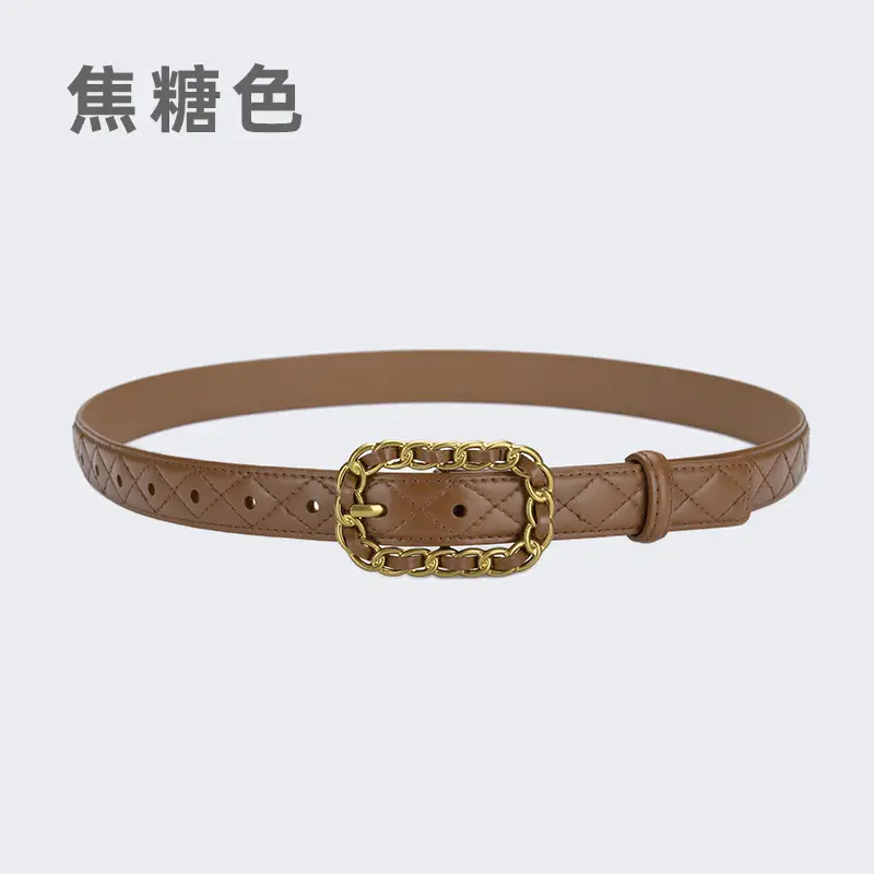 Women's Cross-Country Leather Belt with Gold Buckle