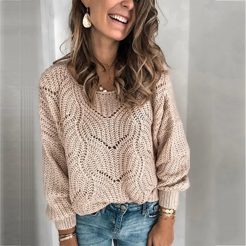 2023 Hollow Knitted Pullover Sweater Women Beige - Image 4