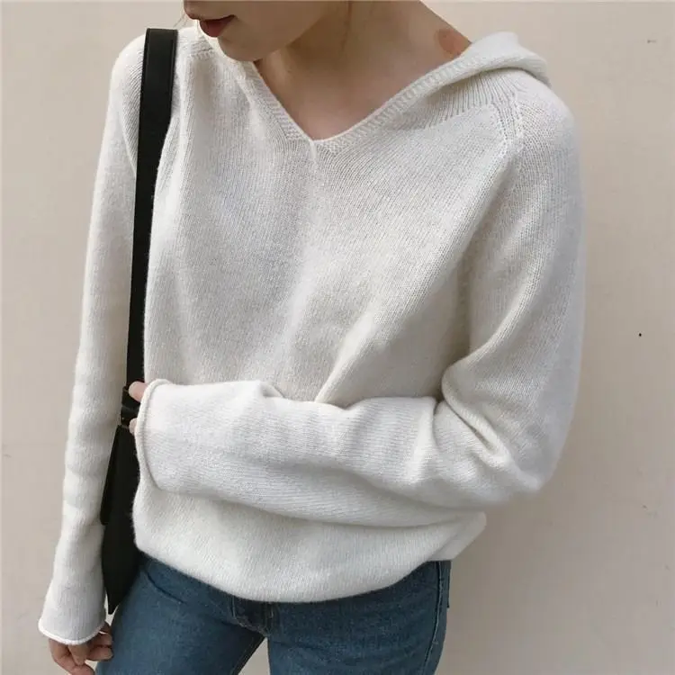 White Knitted Hooded Sweatshirt Women's Winter Top - Image 11