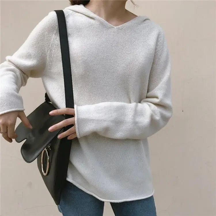 White Knitted Hooded Sweatshirt Women's Winter Top — feature 14