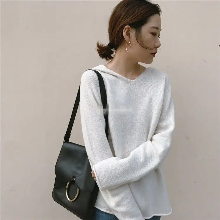 White Knitted Hooded Sweatshirt Women's Winter Top — feature 15