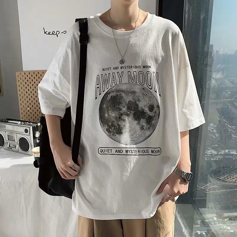 Men White Moon Print T-Shirt Half Sleeve Summer Wear