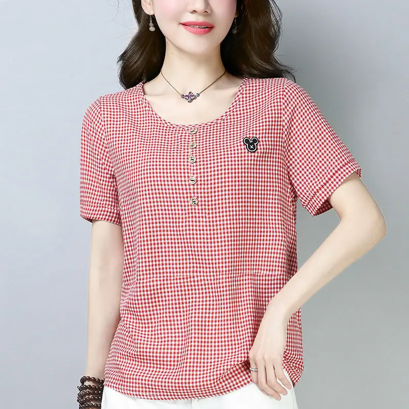 Women Korean Checkered T-Shirt Plus Size Cotton Summer - Image 3