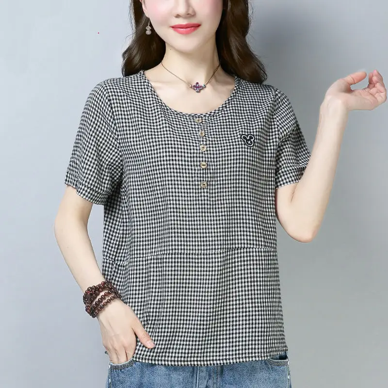 Women Korean Checkered T-Shirt Plus Size Cotton Summer - Image 4