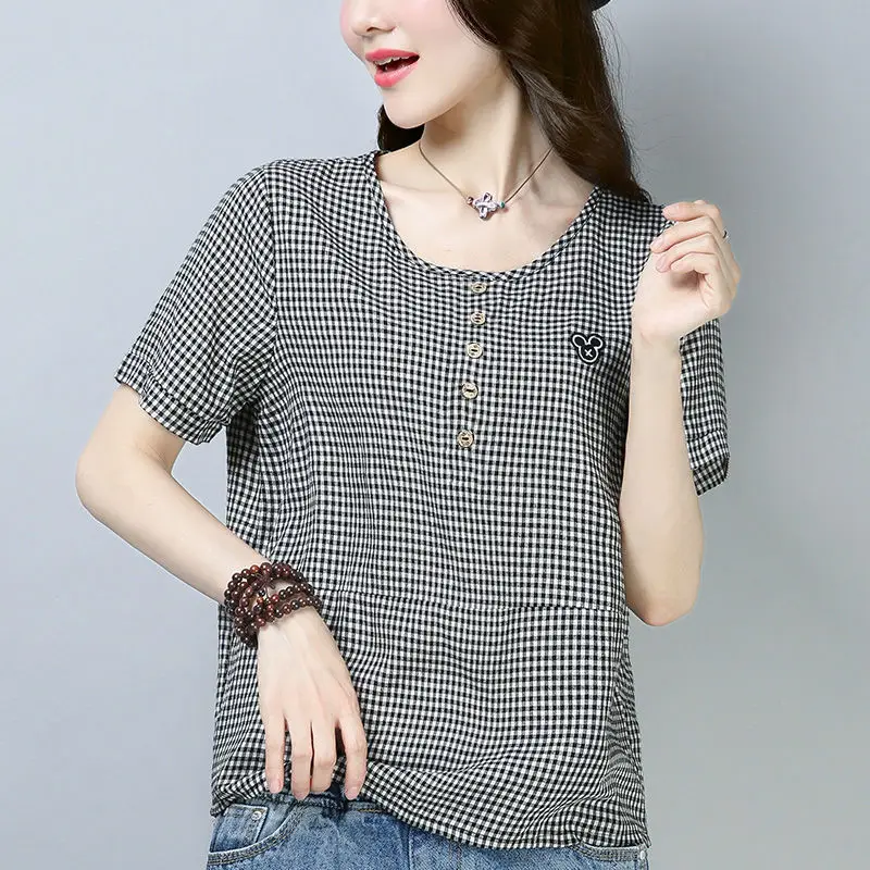 Women Korean Checkered T-Shirt Plus Size Cotton Summer - Image 5