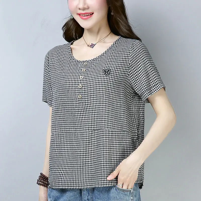 Women Korean Checkered T-Shirt Plus Size Cotton Summer - Image 6