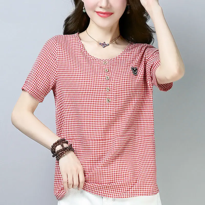 Women Korean Checkered T-Shirt Plus Size Cotton Summer - Image 7