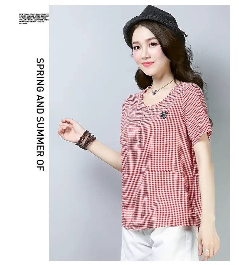 Women Korean Checkered T-Shirt Plus Size Cotton Summer — feature 4