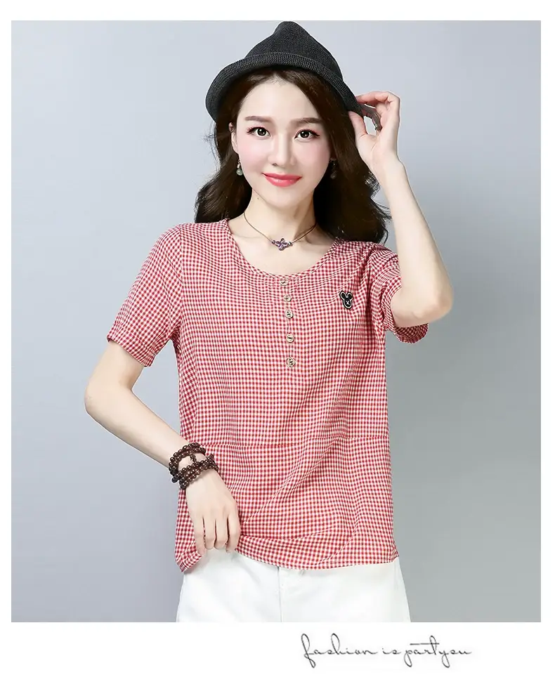Women Korean Checkered T-Shirt Plus Size Cotton Summer — feature 5
