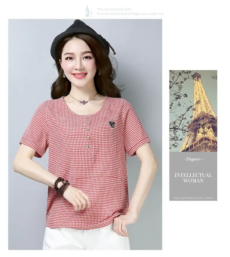 Women Korean Checkered T-Shirt Plus Size Cotton Summer — feature 6