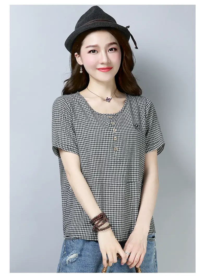 Women Korean Checkered T-Shirt Plus Size Cotton Summer — feature 7