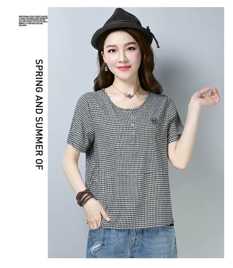 Women Korean Checkered T-Shirt Plus Size Cotton Summer — feature 8