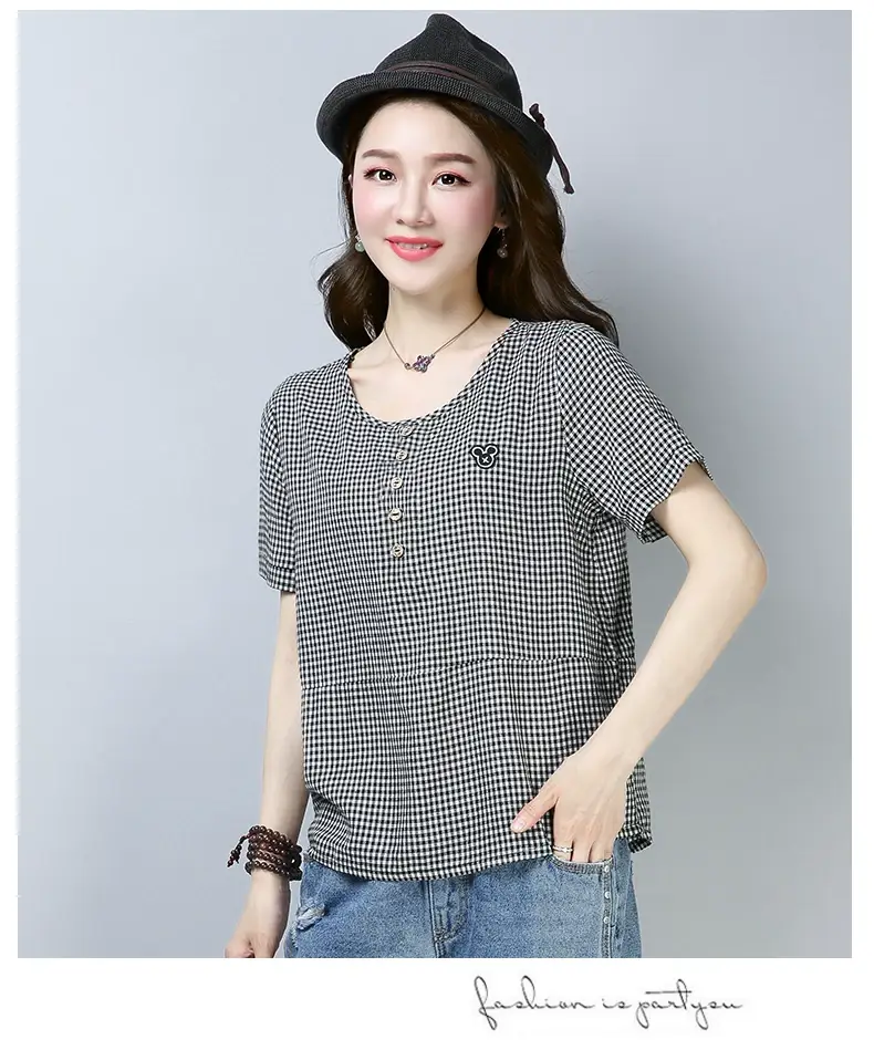 Women Korean Checkered T-Shirt Plus Size Cotton Summer — feature 9