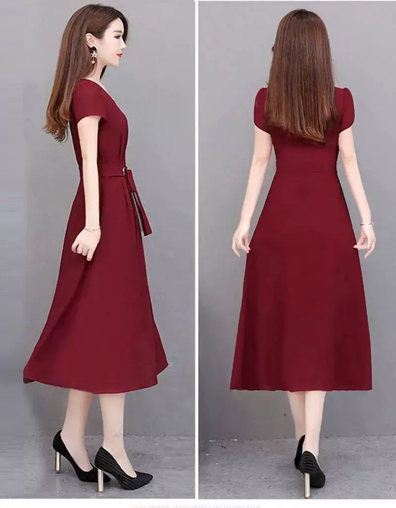 Women's Maroon Belted Mid-Length Dress — feature 4