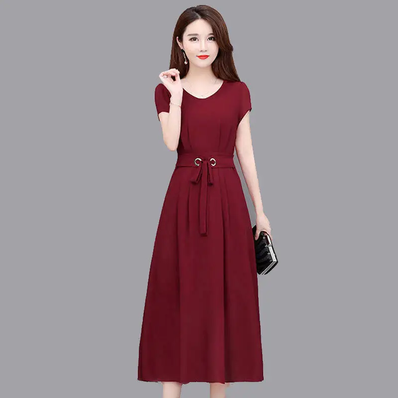 Women's Maroon Belted Mid-Length Dress - Image 7