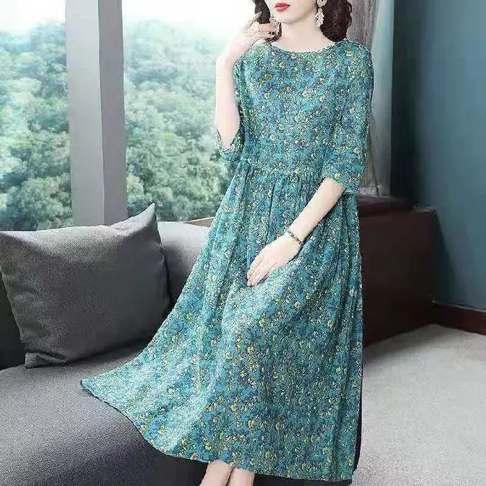 2025 Floral Printed Plus Size Lady Dress Mid Length