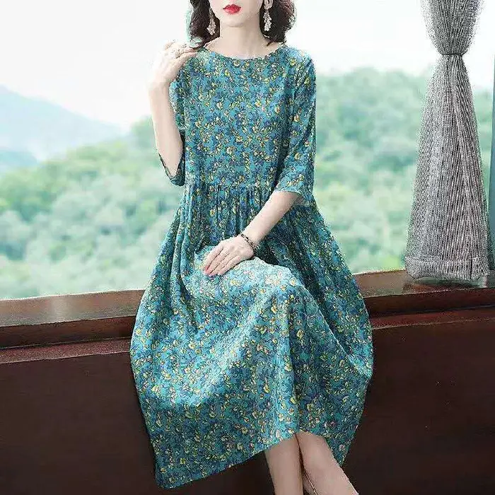 2025 Floral Printed Plus Size Lady Dress Mid Length - Image 3