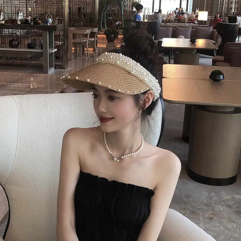 Women's Pearl Straw Sunvisor with Adjustable Strap
