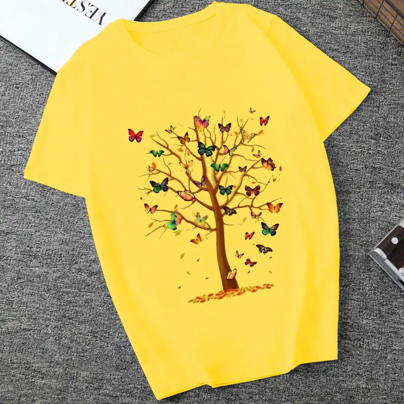 Women's Tree Print T-Shirt Yellow Pink White - Image 2