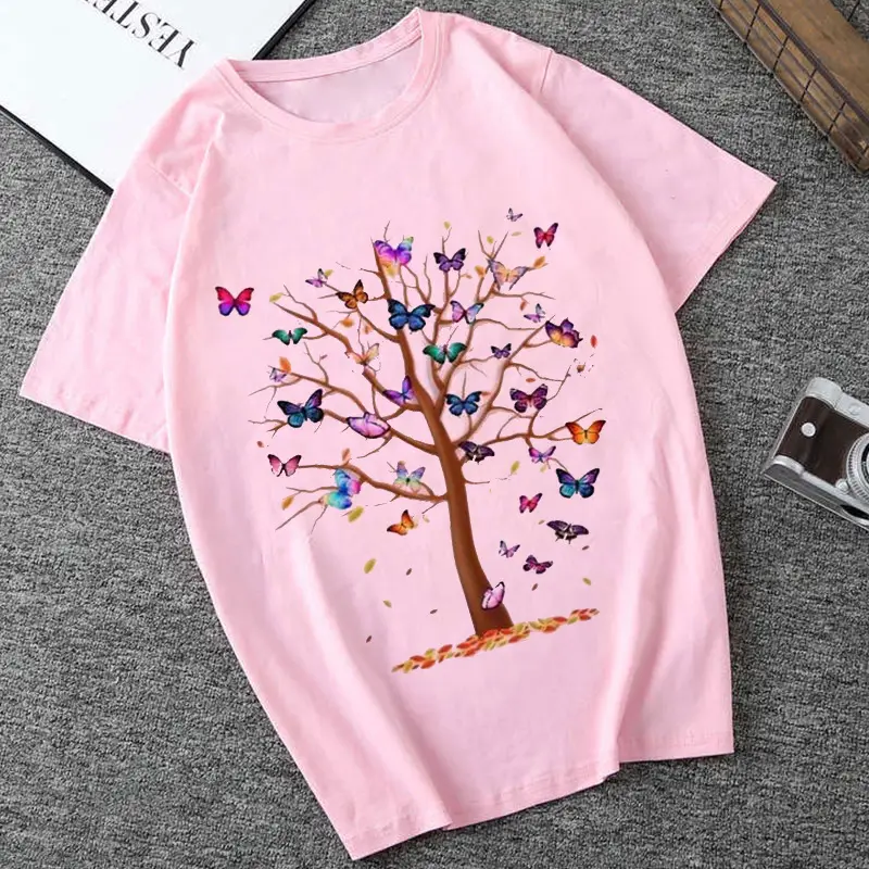 Women's Tree Print T-Shirt Yellow Pink White - Image 3