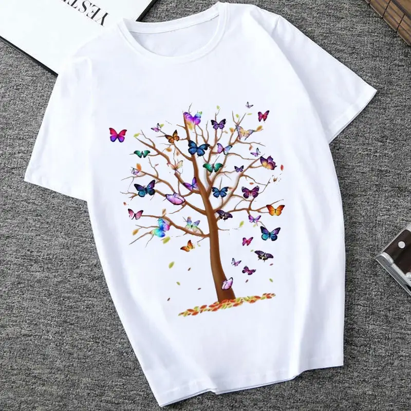 Women's Tree Print T-Shirt Yellow Pink White - Image 4