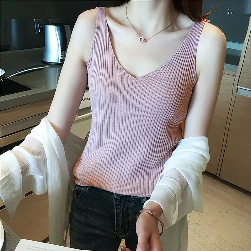 Ice Silk Knitted Camisole Sleeveless Top Solid Color - Image 4