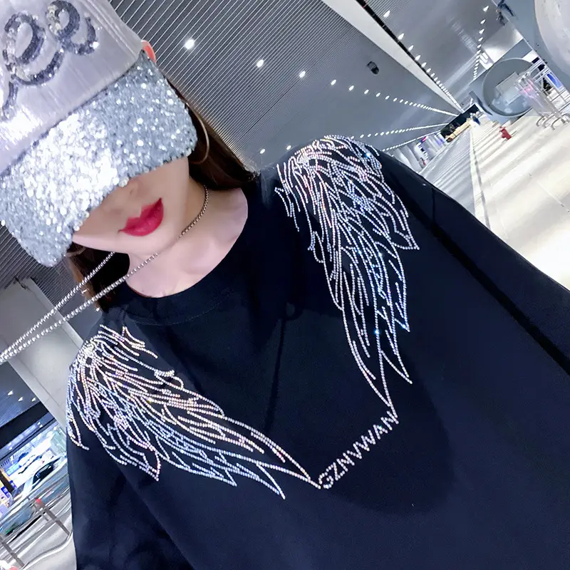 European American Hot Rhinestone T-Shirt Women's 2021 Summer Loose Fit