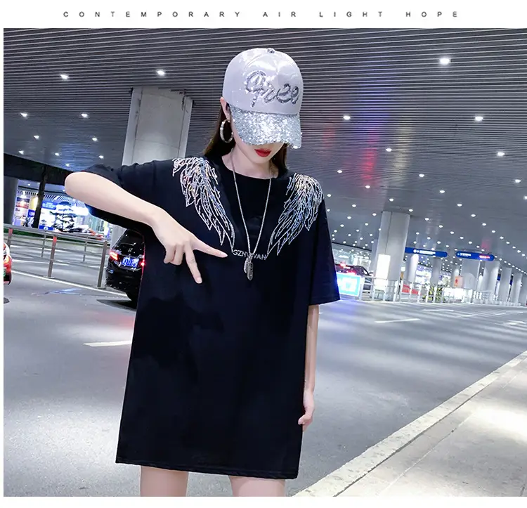 European American Hot Rhinestone T-Shirt Women's 2021 Summer Loose Fit — feature 10