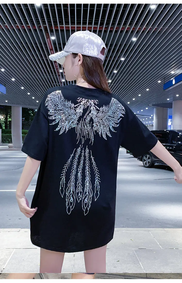 European American Hot Rhinestone T-Shirt Women's 2021 Summer Loose Fit — feature 11