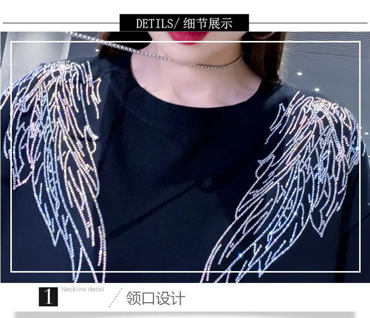 European American Hot Rhinestone T-Shirt Women's 2021 Summer Loose Fit — feature 12