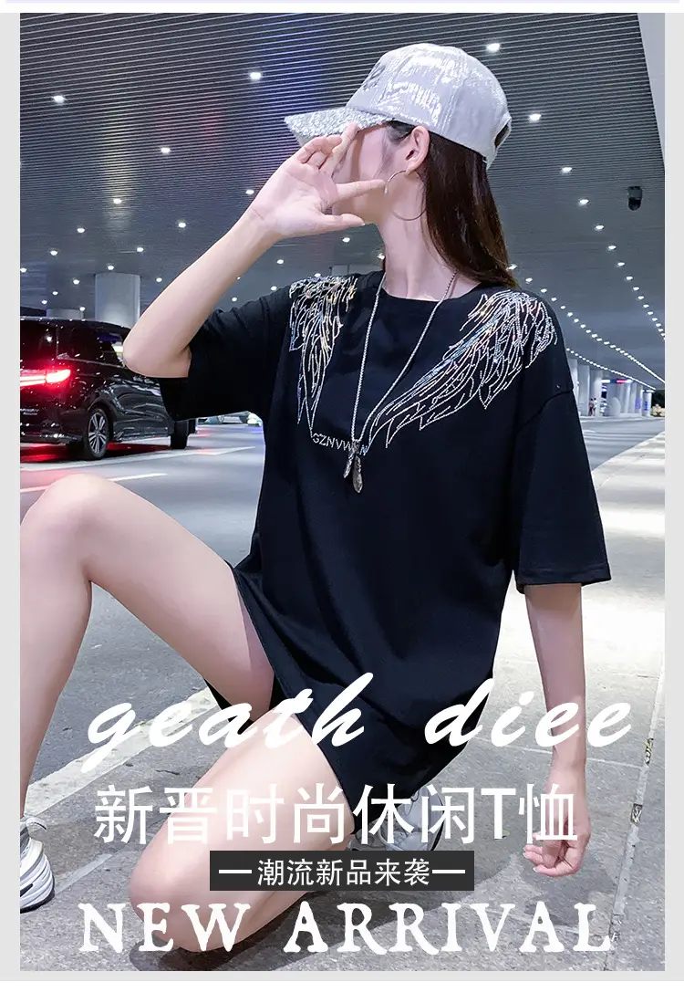 European American Hot Rhinestone T-Shirt Women's 2021 Summer Loose Fit — feature 2