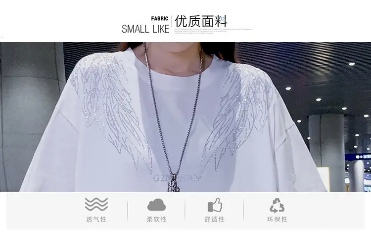 European American Hot Rhinestone T-Shirt Women's 2021 Summer Loose Fit — feature 6