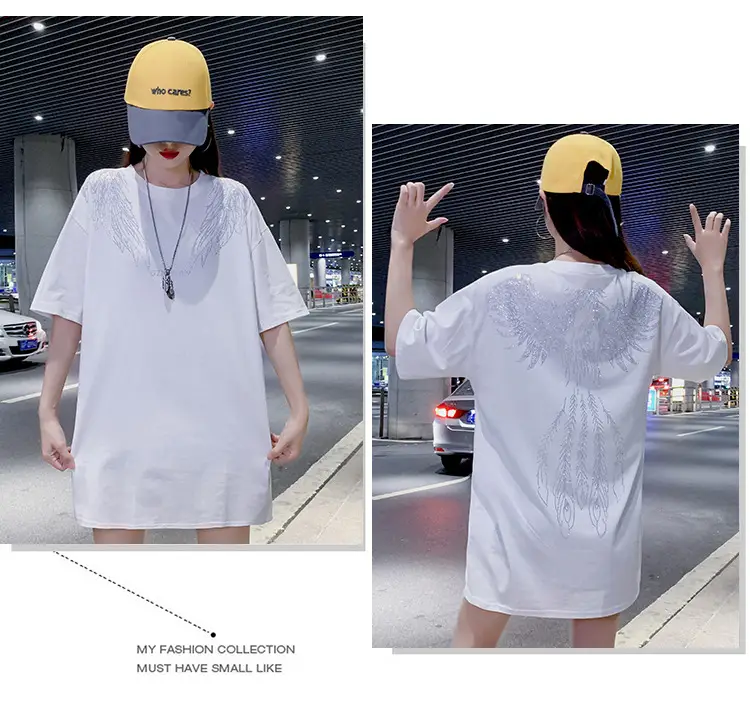 European American Hot Rhinestone T-Shirt Women's 2021 Summer Loose Fit — feature 8