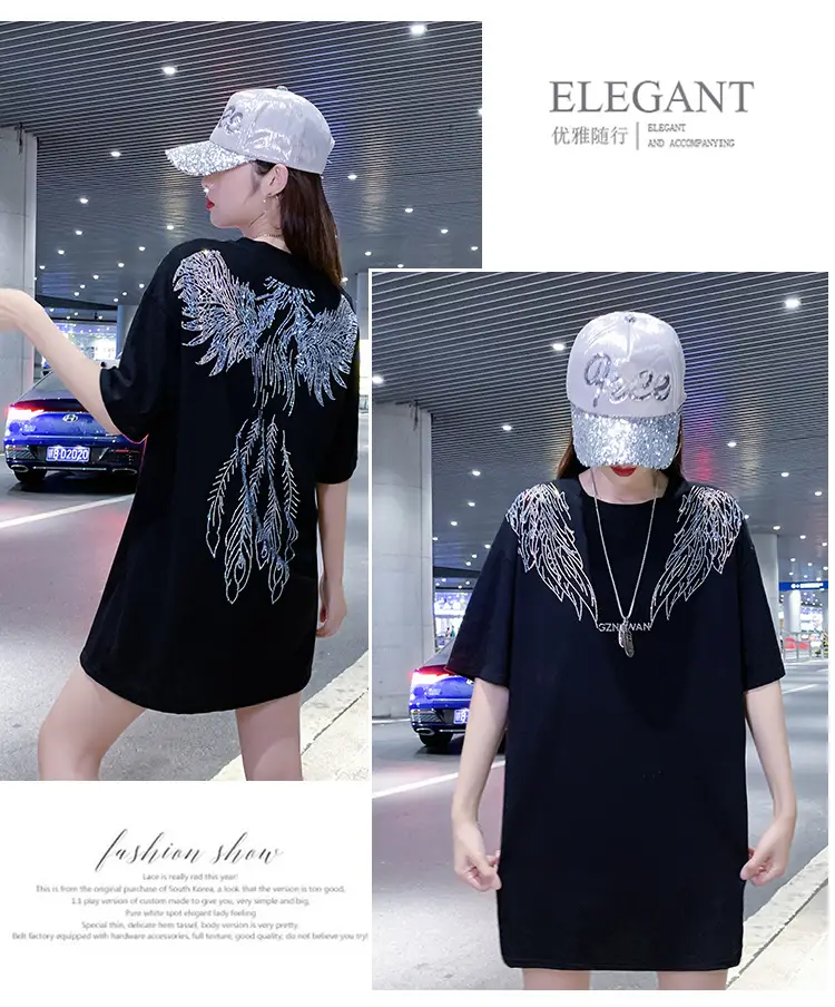 European American Hot Rhinestone T-Shirt Women's 2021 Summer Loose Fit — feature 9