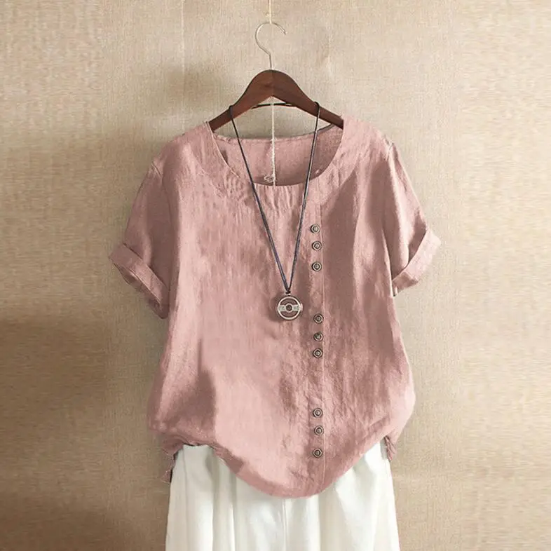2019 Summer Women Loose Cotton Linen Pullover T-Shirt - Image 2