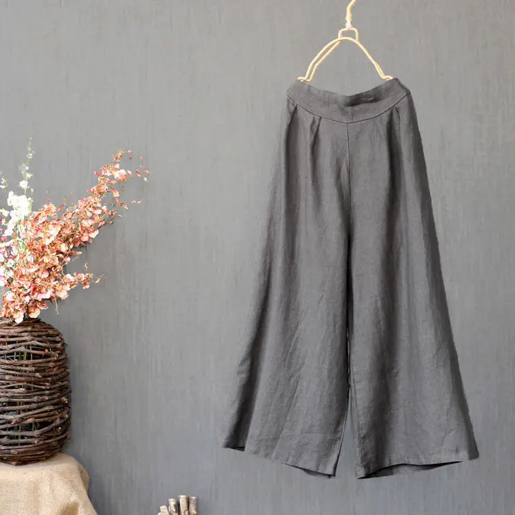 Women Linen Wide Leg Pants Grey Ankle Length - Image 7