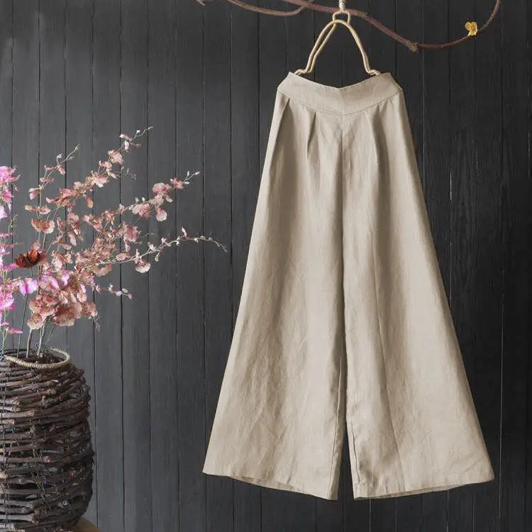 Women Linen Wide Leg Pants Grey Ankle Length - Image 9